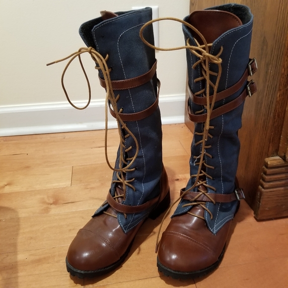 NWOT Leather Strap Buckled Teal moto combat Boots - Picture 7 of 8